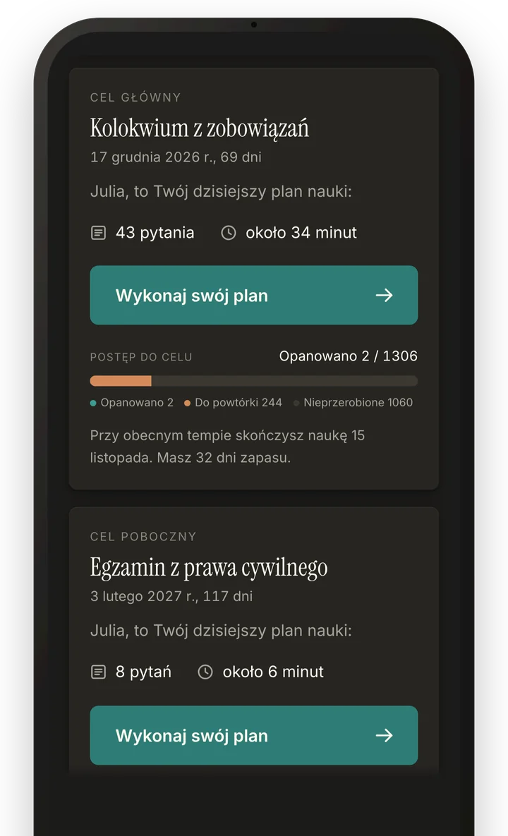 Dwa cele nauki na telefonie: kolokwium z zobowiązań i egzamin z prawa cywilnego, każdy z planem na dziś