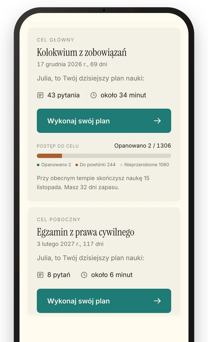 Dwa cele nauki na telefonie: kolokwium z zobowiązań i egzamin z prawa cywilnego, każdy z planem na dziś