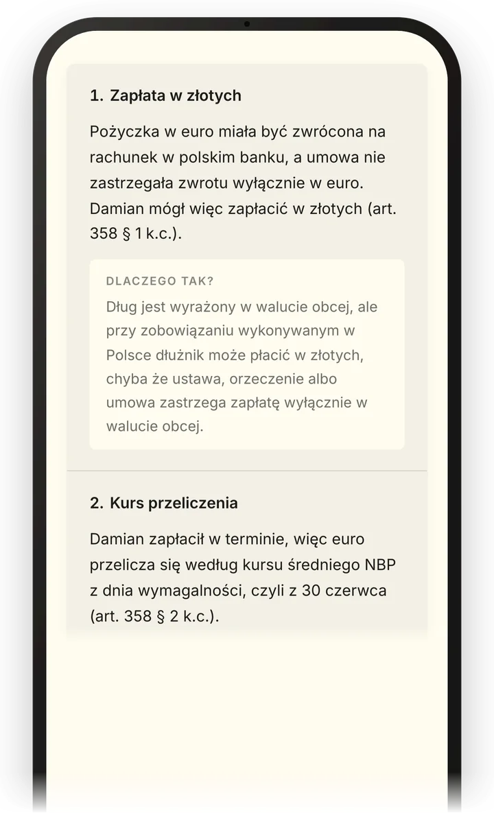 Podsumowanie kazusu „Pożyczka w euro”: punkty rozwiązania z uzasadnieniem i przepisami Kodeksu cywilnego
