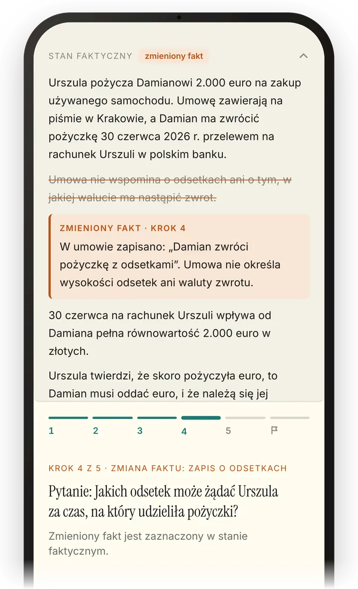 Krok kazusu „Pożyczka w euro”: zaznaczony zmieniony fakt, pasek kroków i pytanie
