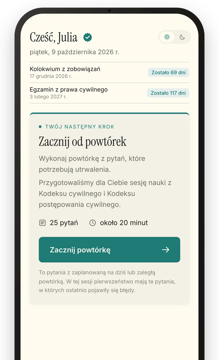 Ekran Dziś w Portalu Nauki na telefonie: następny krok – powtórka zaplanowana na dziś