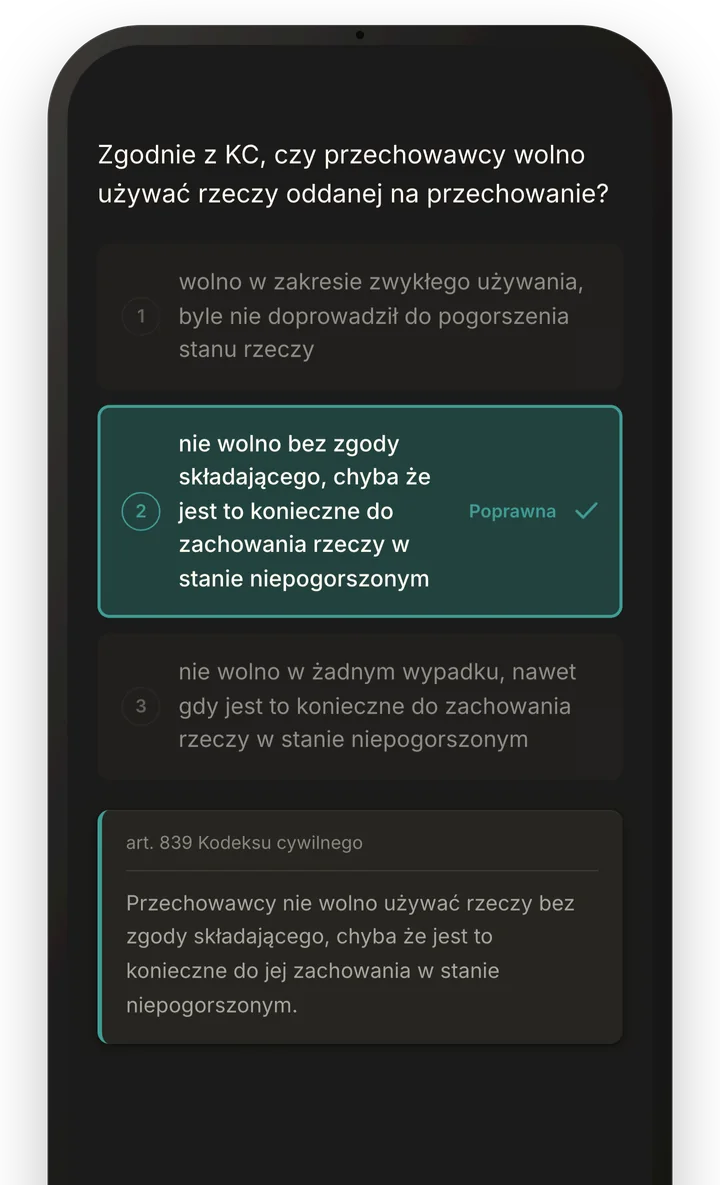 Pytanie w sesji nauki po poprawnej odpowiedzi, pod nim treść art. 839 Kodeksu cywilnego