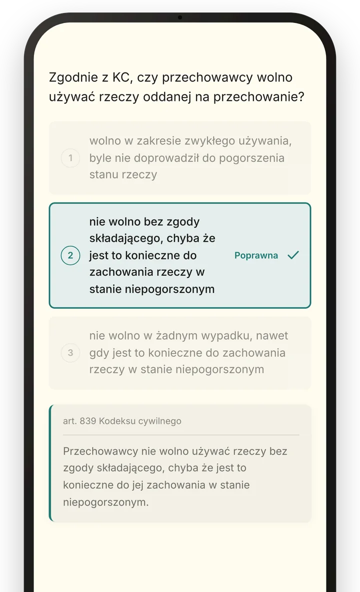 Pytanie w sesji nauki po poprawnej odpowiedzi, pod nim treść art. 839 Kodeksu cywilnego