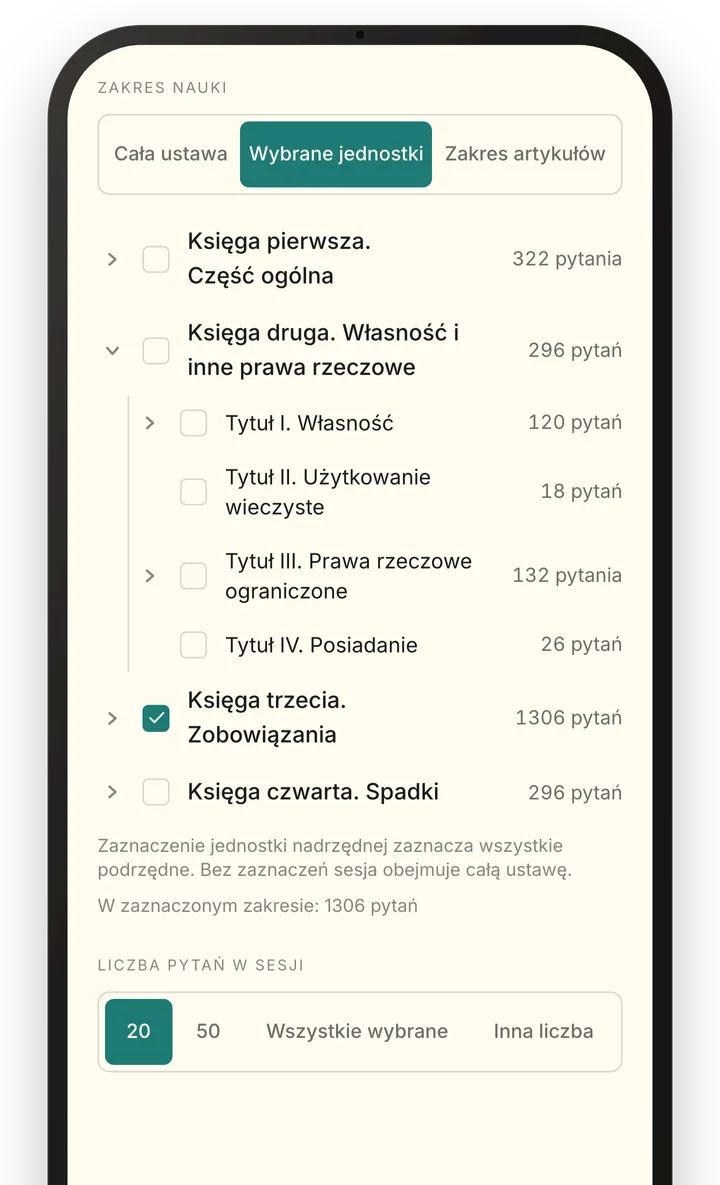 Wybór zakresu nauki w Kodeksie cywilnym: rozwinięta Księga druga, zaznaczona Księga trzecia i liczba pytań w sesji