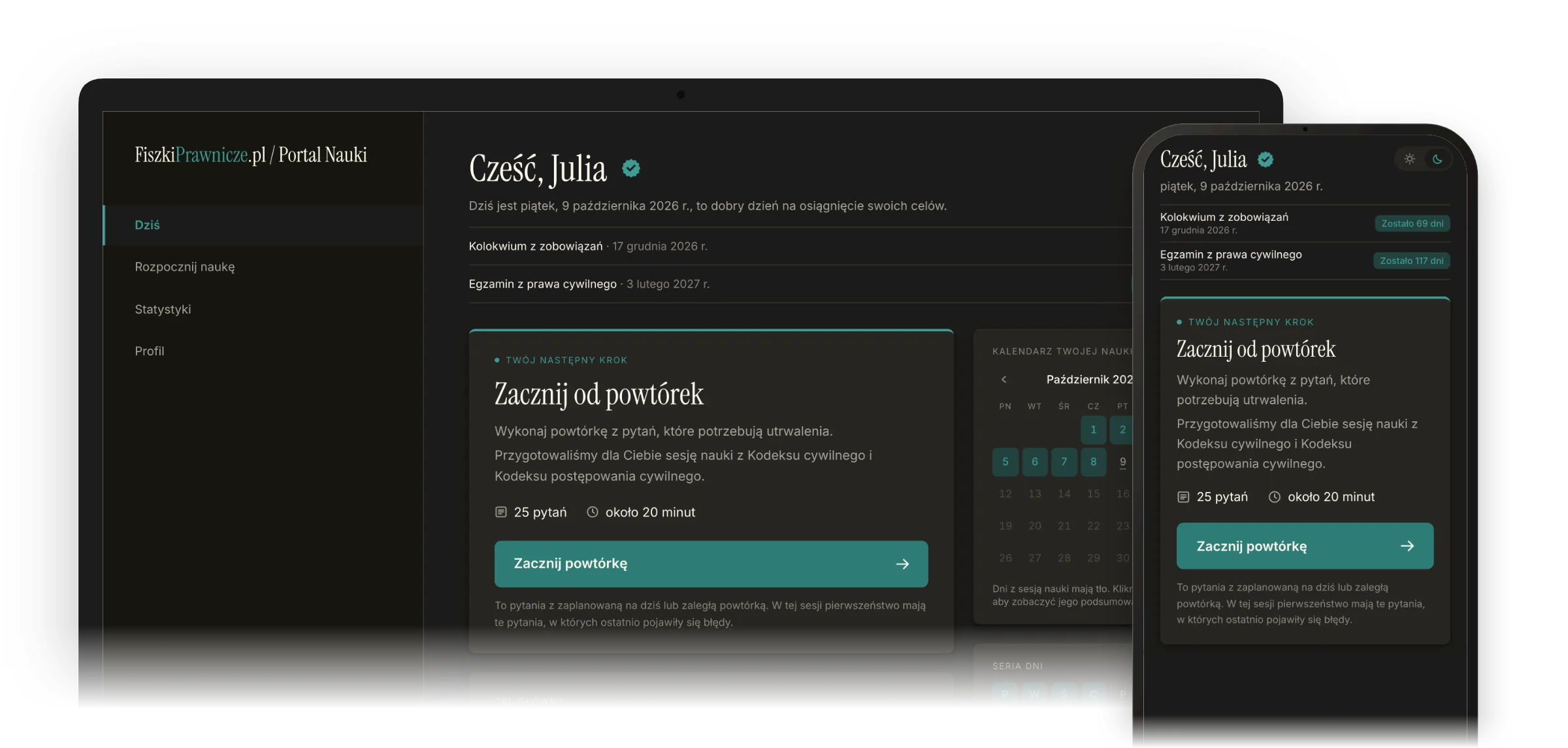 Ekran Dziś w Portalu Nauki na laptopie i telefonie: następny krok, cele i kalendarz nauki