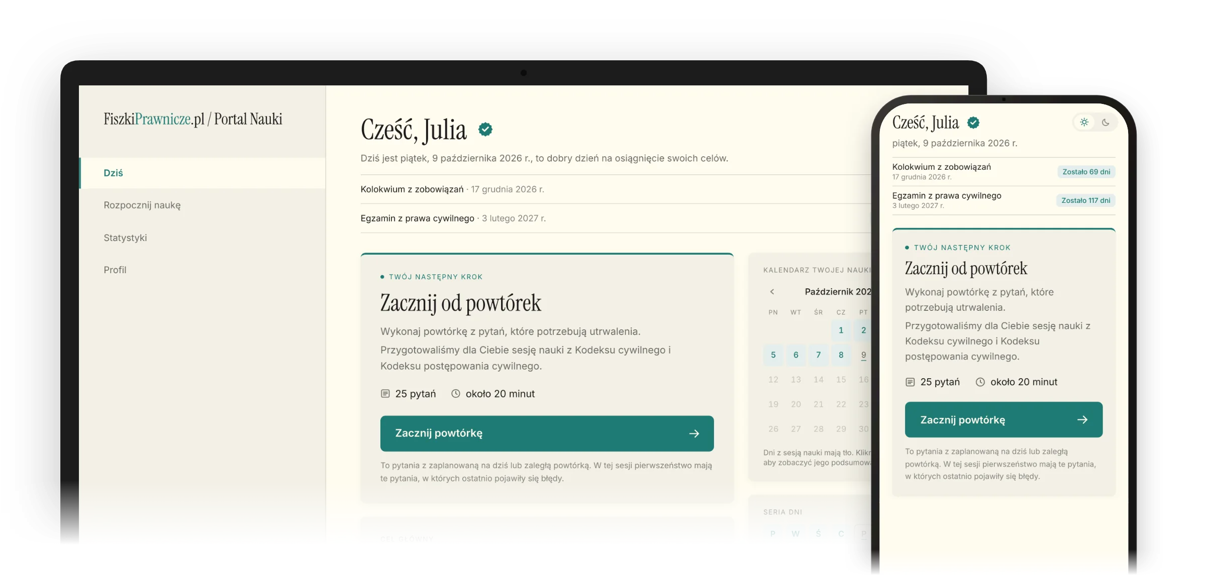 Ekran Dziś w Portalu Nauki na laptopie i telefonie: następny krok, cele i kalendarz nauki